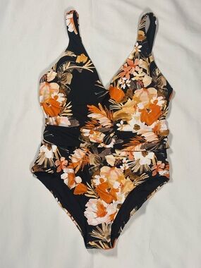 Seafolly Black One-Piece Swimsuit with Orange, Cream & Brown Floral Print